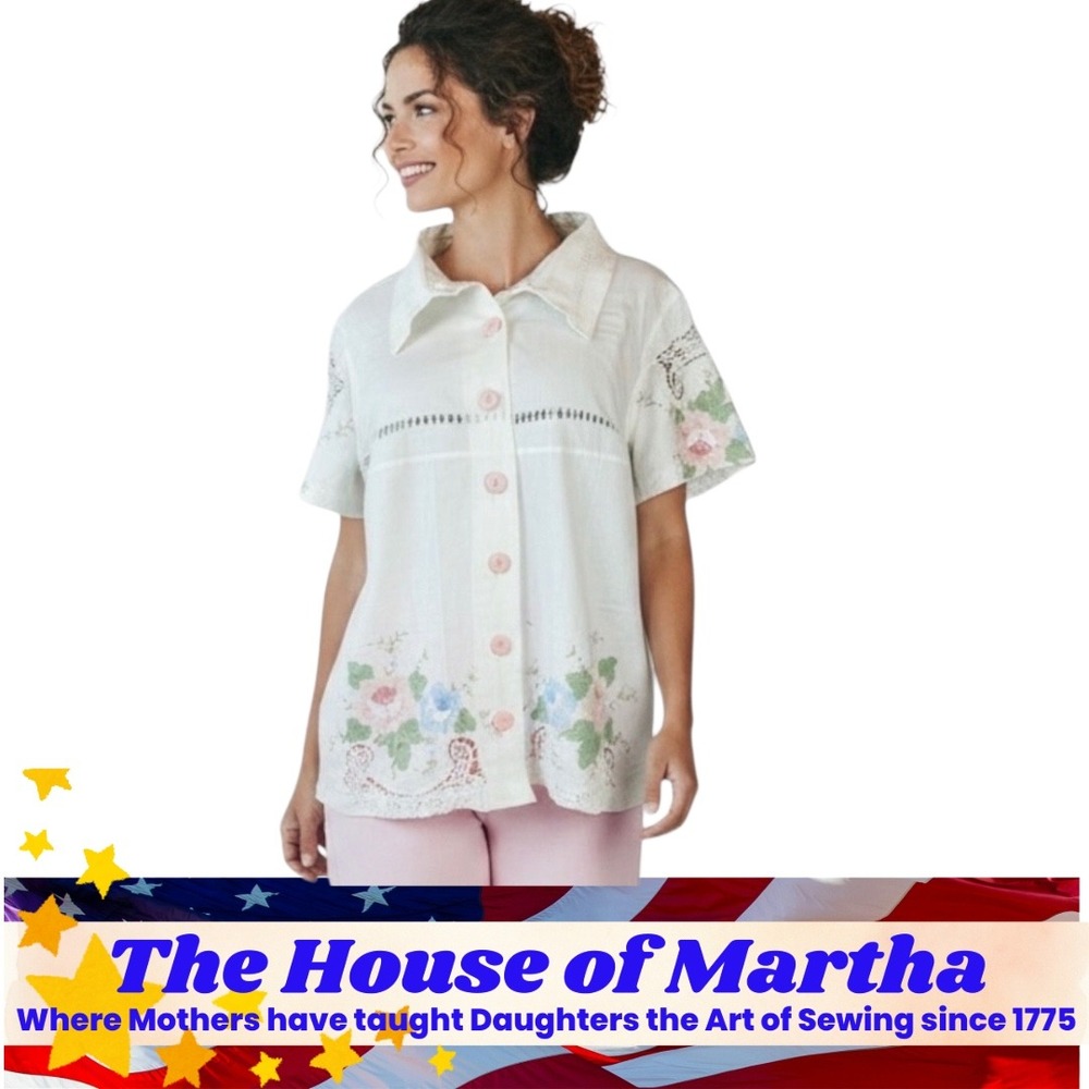 Vintage Floral Embroidered Lace Trim Blouse Short Sleeve White Button‎ Up Top